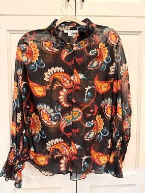 Chico's Black Paisley-Print Sheer Button-Down Shirt with Multicolor Accents